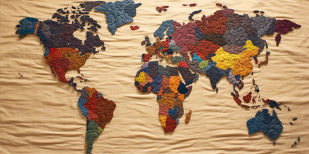 Knitted world map in various colors on a cream background. The world map made from various cloth. Handicraft and creative arts concept. Design for global cultures, and community craft theme. AIG35.の素材