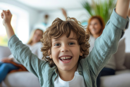 A cheerful young boy with curly hair presents a bright smile in the foreground, with his family relaxing on the couch behind him in a warm living room. AIG41の素材