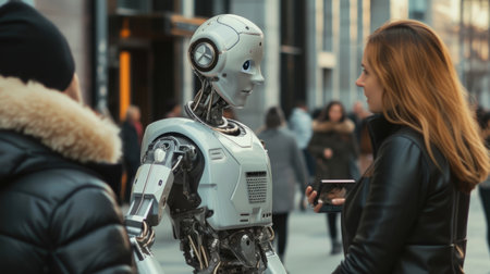 A woman and a robot are sitting at a table, sharing a leisurely conversation, while having fun at an art event. AIG41の素材