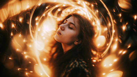 Portrait of beautiful female teenager face relaxing and sleeping surrounded with glowing aura while her hair blowing. Close up of attractive woman closing her eyes and absorbing power of light. AIG42.の素材