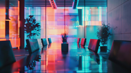 An empty conference room with a large table and chairs. The room is lit by colorful neon lights. AIG51A.の素材