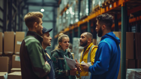 A bunch of construction workers wearing hard hats and high-visibility clothing discuss work in a warehouse. AIG41の素材