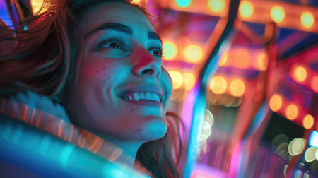 A close up of a womans face with freckles, showcasing her nose, eyelashes, jawline, and wrinkles. Her smile exudes happiness and she displays an electric blue gesture at a fun event AIG50の素材