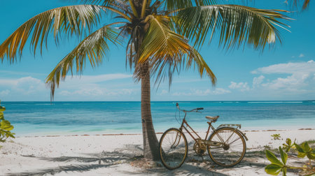 A bicycle with its tire against a palm tree on the beach, under a cloudy sky with water in the background, blending with nature AIG50の素材
