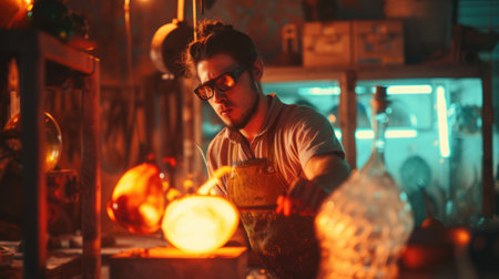 A man blowing glass near a fire, displaying his skill while heating the molten material. AIG41の素材