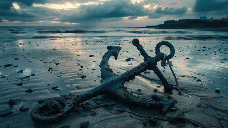 A weathered anchor rests on the sandy beach, surrounded by the gentle lapping of water. Nearby, a vibrant plant adds a touch of life to the serene scene AIG50の素材