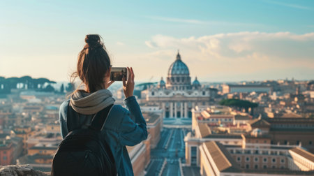 Back view of smart attractive tourist standing and taking a picture. Photo of skilled woman enjoy visiting tourist attraction while holding camera for taking a photo of top view cityscape. AIG42.の素材