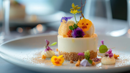 Small white cake on a white plate. The cake is decorated with colorful frosting flowers and a single red fruit with small edible flower on the plate with cake sits on is plain white and round. AIG42.の素材