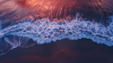 A stunning aerial view captures the azure water crashing onto the sandy beach at sunset, creating a mesmerizing natural landscape with the colorful sky and atmospheric phenomenon AIG50の素材