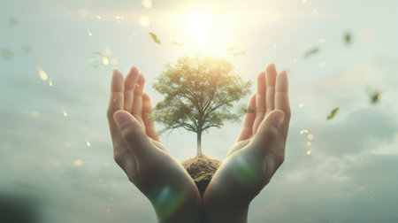 Conceptual image of a tree flourishing from soil held in human hands, symbolizing growth and environmental care. AIG41の素材