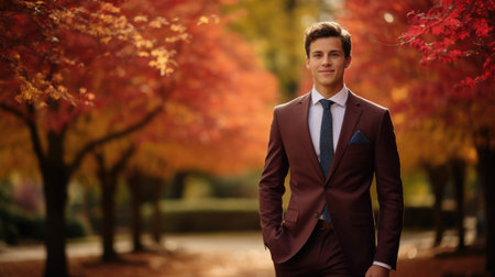 A young man wearing a brown suit and tie is walking down a tree-lined path in the fall. The trees are ablaze with color. AIG51A.の素材