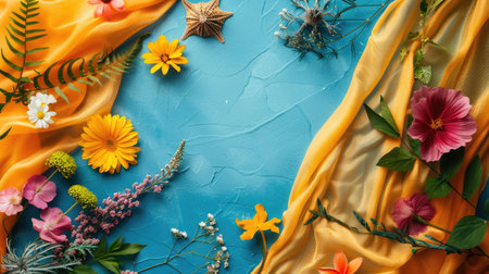 A variety of fabrics and flowers, including electric blue petals and roses, are arranged on a table alongside fictional characters and fractal art AIG50の素材