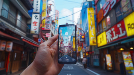 Close up of smart man hand holding camera while record video at japanese road or city street. Attractive people holding telephone or cell phone while recording view as japanese background. AIG42.の素材