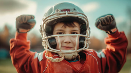 Energetic happy child looking at camera while celebrate for winning the game while wearing safety gear at sport arena with blue sky. Attractive elementary student playing american football. AIG42.の素材