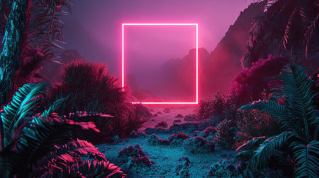 The great pink floating square beyond the land that surrounded with a lot amount of the tree in forest at the dawn or dusk time of the day that shine light to the every part of the picture. AIGX03.の素材