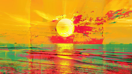 A beautiful painting depicting a peaceful sunset over a tranquil body of water, with vibrant red and orange hues reflecting in the sky and water AIG50の素材