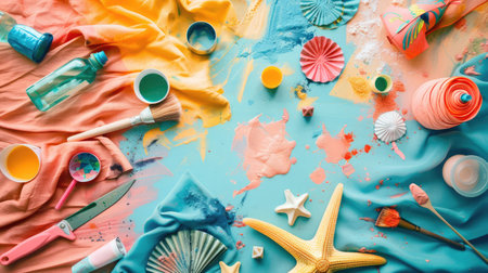 A variety of fabrics and flowers, including electric blue petals and roses, are arranged on a table alongside fictional characters and fractal art AIG50の素材