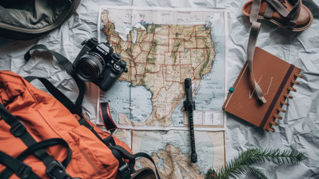 Artistic arrangement of a backpack, hat, camera, book, and map on a table. The visual arts composition includes patterns and textures, creating a unique and aesthetic display AIG50の素材
