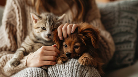 A young woman is sitting on a couch with a cat and a dog in her lap. She has one hand resting on the cat and the other hand is petting the dog. All three of them have a look of contentment on theirの素材