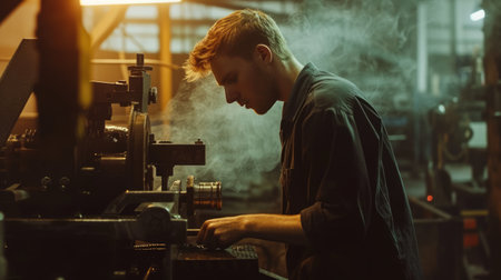 Smart engineer checking iron machine in factory while wearing safety helmet. Professional industrial worker repairing or examining machinery part or turbine machine while holding chart form. AIG42.の素材