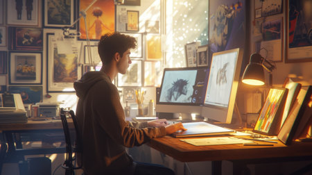 Professional creative graphic designer working on computer while designing product. Attractive designer thinking about concept while drawing an art work while sitting at modern studio with art. AIG42.の素材