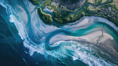 A mesmerizing aerial view of water flowing through a desert landscape, creating a beautiful contrast of liquid against the arid scenery AIG50の素材