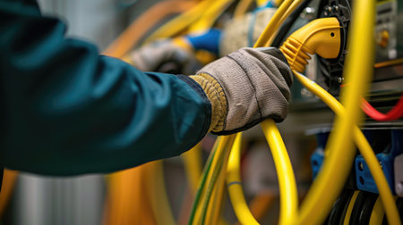 An engineer is using a drill to work on an electrical box, wearing electric blue workwear and safety gloves, handling wires and metal. AIG41の素材