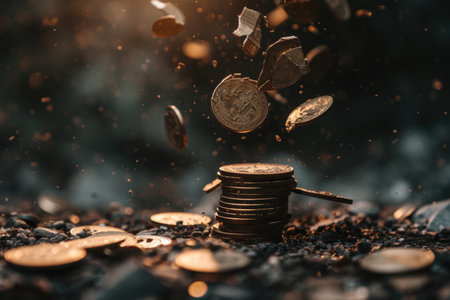 Economic downturn, debt crisis and market crash concept shown by shattering coins AIG41の素材