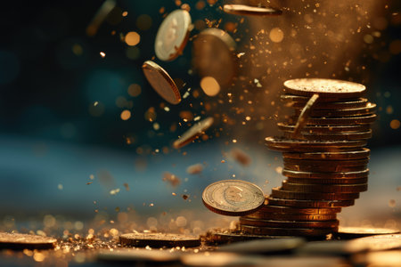 Economic downturn, debt crisis and market crash concept shown by shattering coins AIG41の素材