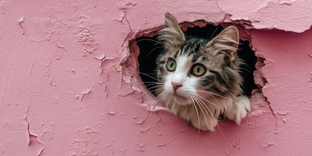 Close up view picture of the hollow pink hole on the the wall that show the cat stay inside the wall that has been made from some material yet still can break to look through the other side. AIGX03.の素材