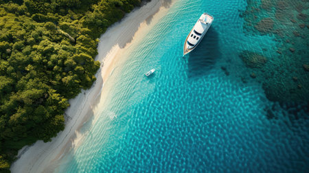 A boat navigating the azure waters near a coastal beach, surrounded by natural landscapes and oceanic landforms. Trees and vehicles visible on the shoreline AIG50の素材
