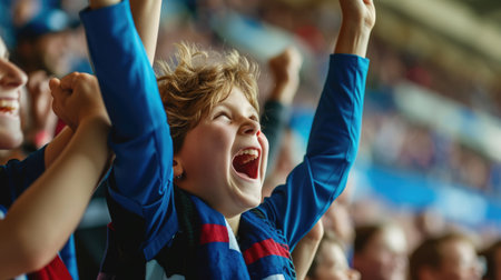 A young fan at a soccer championship raises his arms in excitement, adding to the energetic gestures of the crowd, creating a fun and happy atmosphere at the event. AIG41の素材