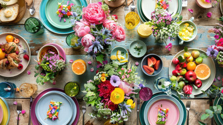 An artfully arranged table featuring a variety of dishes, garnished with fresh flowers. A beautiful display for sharing and enjoying delicious cuisine at a special event AIG50の素材