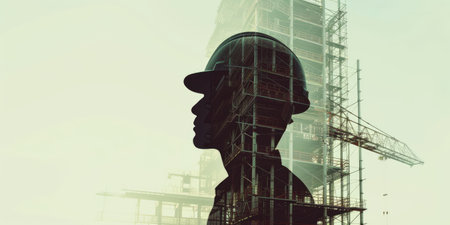 Double exposure of engineer wearing safety helmet with building construction or skyscraper. Close up portrait of architect or interior designer thinking about designing architectural building. AIG42.の素材