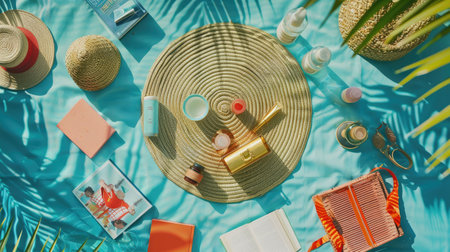 Aqua picnic blanket with an azure round table surrounded by green pillows and a magenta patterned circle. An artistic and electric blue design for a cozy outdoor gathering with a touch of nature AIG50の素材