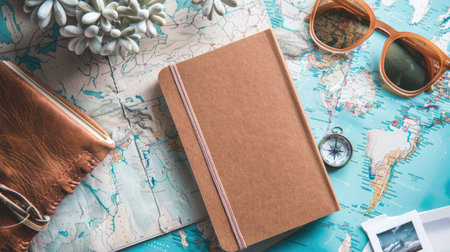 A green hat, aqua sunglasses, an electric blue compass, a watercolored notebook, and a map with an azure pattern on a circle design table AIG50の素材