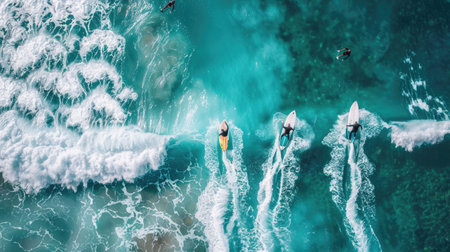 A group of surfers are gliding on an azure wave in the electric blue ocean, surrounded by liquid beauty of the natural landscape AIG50の素材