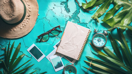 A green hat, aqua sunglasses, an electric blue compass, a watercolored notebook, and a map with an azure pattern on a circle design table AIG50の素材