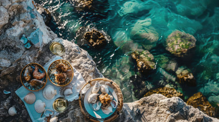 Aerial view of a picnic on a rocky cliff by the ocean, surrounded by water, plants, rocks, and natural materials creating a beautiful pattern resembling an underwater art piece AIG50の素材