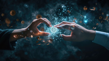 Close up of business man hand exchanging money to cryptocurrency. Investor changing coin currency with digital coin with hologram of abstract financial investment trading or shiny gold coin. AIG42.の素材