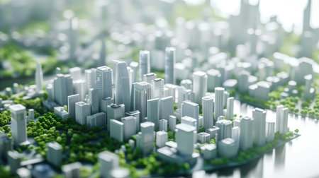 Top view of cityscape simulated model placed on meeting table. Urban planner designing smart city by using AI or technology innovation. Modern architectural building concept. Visual effect. AIG42.の素材