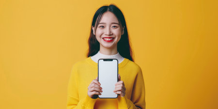 An attractive young Asian woman in a yellow sweater holds a blank smartphone in front of her and smiles at the camera. AIG51A.の素材