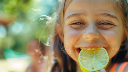 A happy little girl with freckles is enjoying a slice of lime, savoring its tangy flavor. She sits on the grass, embracing the natural food and sharing it with joy AIG50の素材