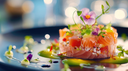 Close up of a plate of grilled stake decorated with vegetable on a table. The plate is a medium-rare steak with dark red color in the middle and brown around the edges with blurring background. AIG42.の素材