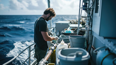 A marine scientist examines water samples on a research vessel, conducting environmental analysis on the open sea. AIG41の素材