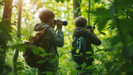 young explorers use binoculars to observe a colorful bird, immersed in the vibrant foliage of a dense forest. AIG41の素材