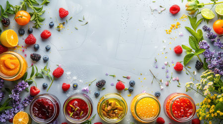 The table is adorned with a variety of colorful fruits and flowers, creating an artistic display of vibrant shades and sweet aromas AIG50の素材