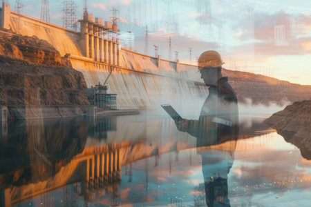 Double exposure with professional smart civil engineer with safety helmet or hard hat holding tablet and planning strategy at construction site. Skilled industrial worker checking at tablet. AIG42.の素材