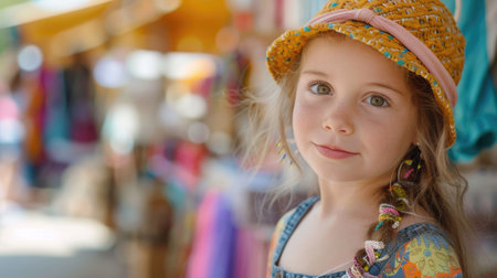 A happy toddler with sunglasses and goggles on her head, smiling at the camera while enjoying leisure time at the carnival AIG50の素材