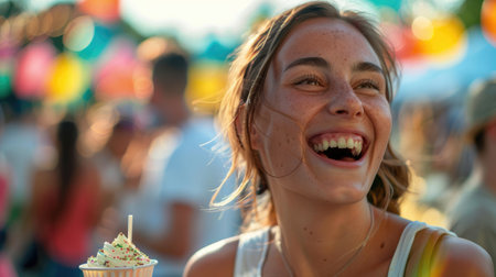 A woman enjoying a delicious ice cream cone at a carnival, capturing a happy summer moment with a snapshot of food and fun AIG50の素材